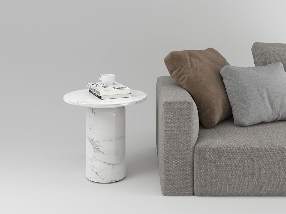 16" White Marble and Wood Round Pedestal End Table