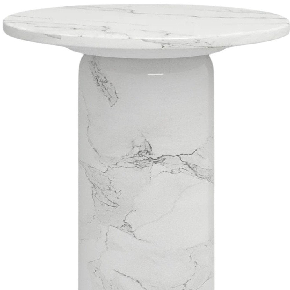 16" White Marble and Wood Round Pedestal End Table
