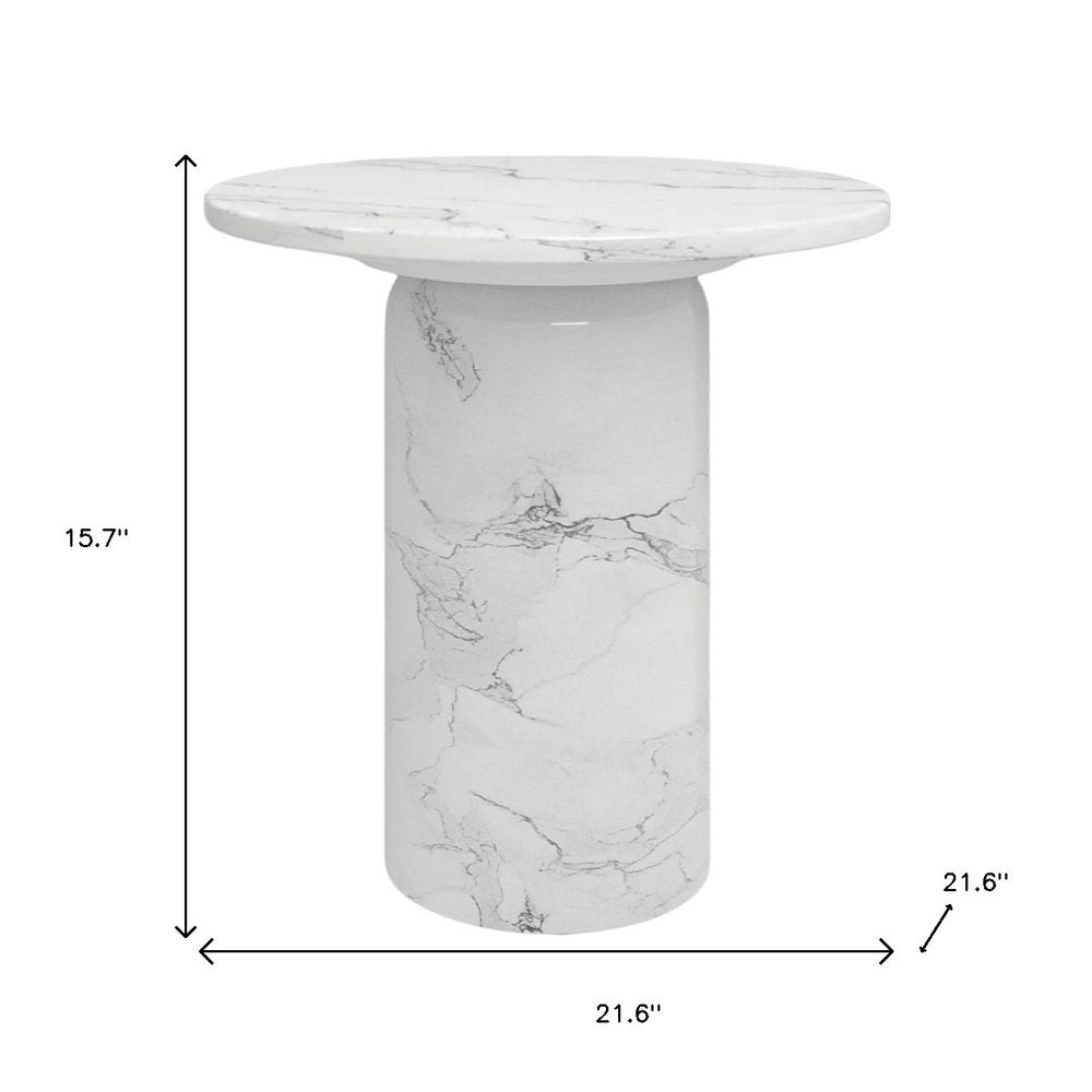 16" White Marble and Wood Round Pedestal End Table