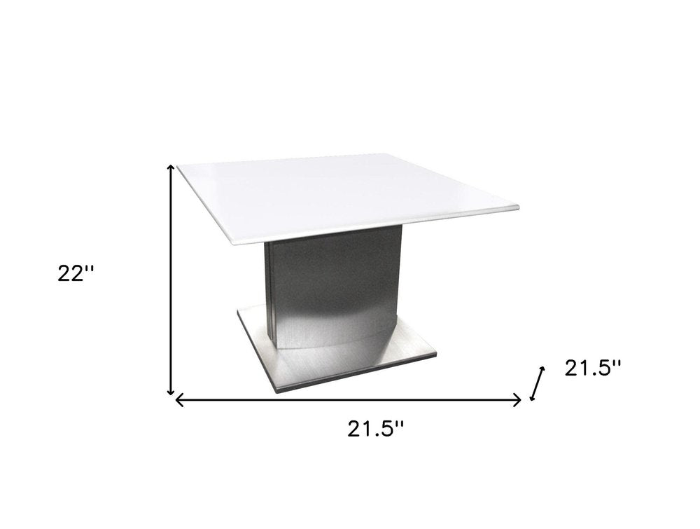 22" White And Silver Marble And Metal Square Pedestal End Table