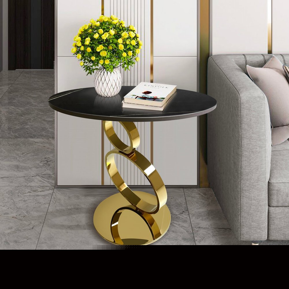 21" Black And Gold Stone And Stainless Steel Round Pedestal End Table