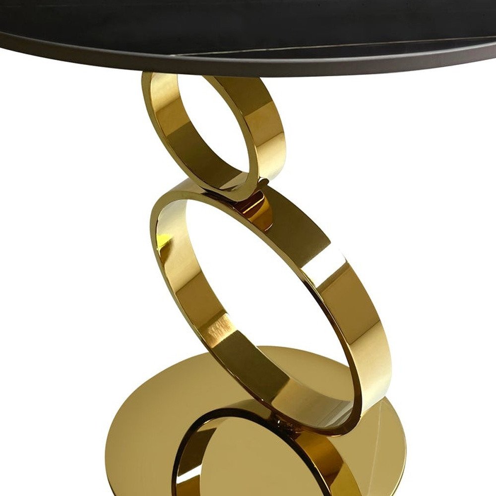 21" Black And Gold Stone And Stainless Steel Round Pedestal End Table
