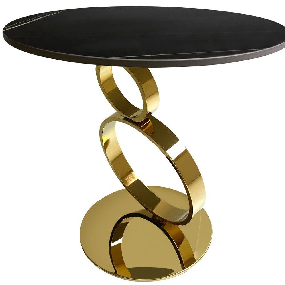 21" Black And Gold Stone And Stainless Steel Round Pedestal End Table