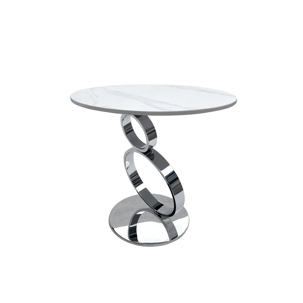 21" White And Silver Stone And Stainless Steel Round Pedestal End Table