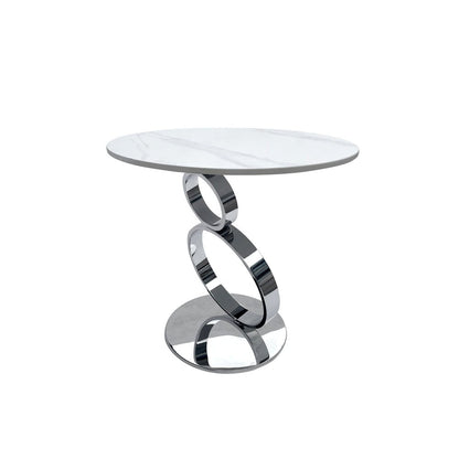 21" White And Silver Stone And Stainless Steel Round Pedestal End Table