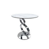 21" White And Silver Stone And Stainless Steel Round Pedestal End Table