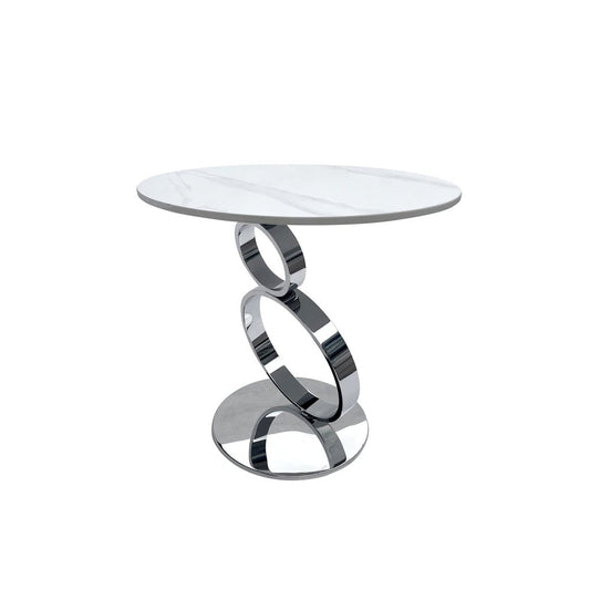 21" White And Silver Stone And Stainless Steel Round Pedestal End Table