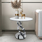 21" White And Silver Stone And Stainless Steel Round Pedestal End Table