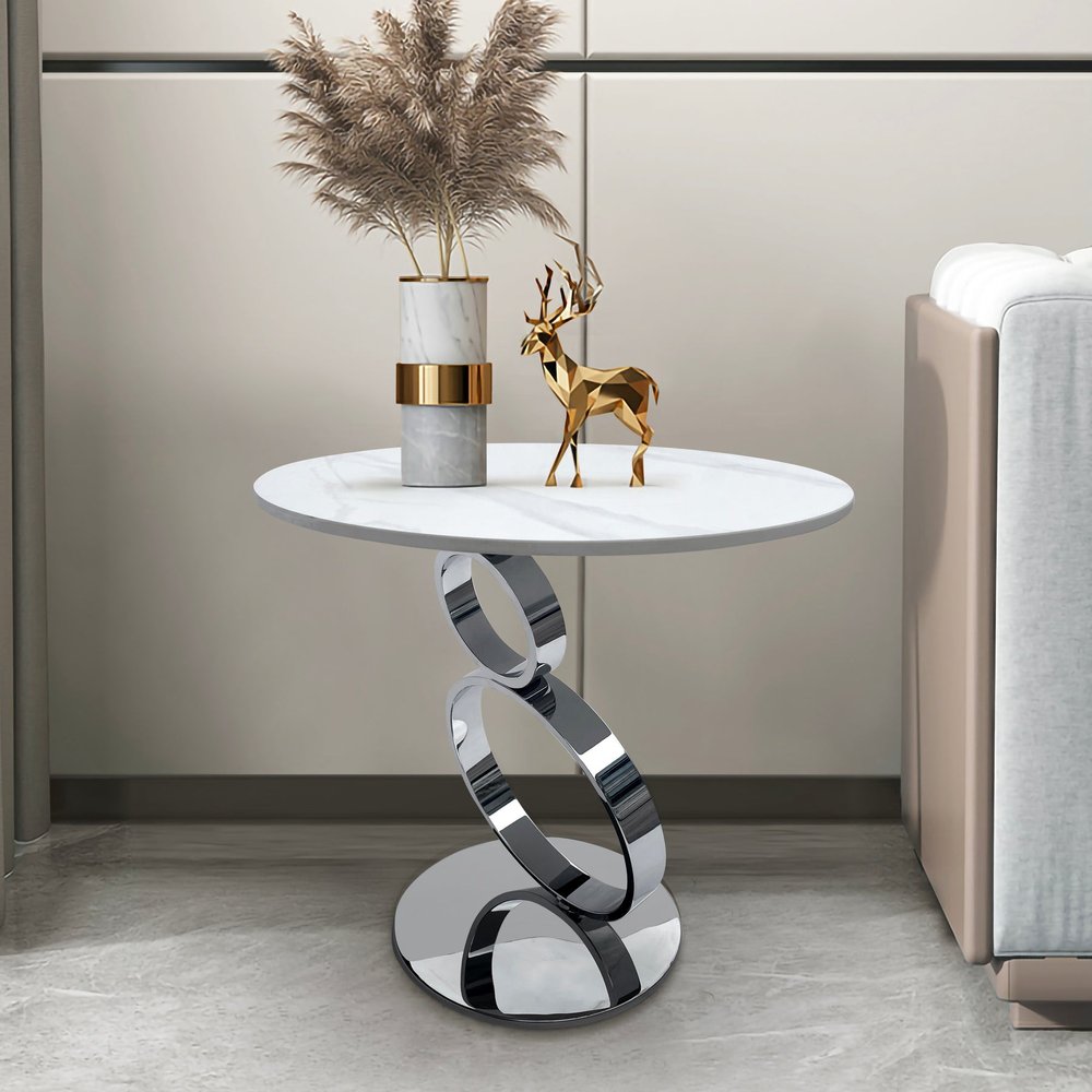 21" White And Silver Stone And Stainless Steel Round Pedestal End Table