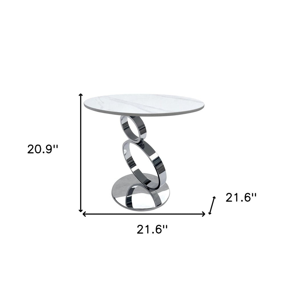 21" White And Silver Stone And Stainless Steel Round Pedestal End Table