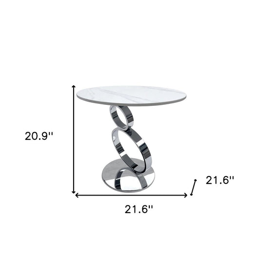 21" White And Silver Stone And Stainless Steel Round Pedestal End Table