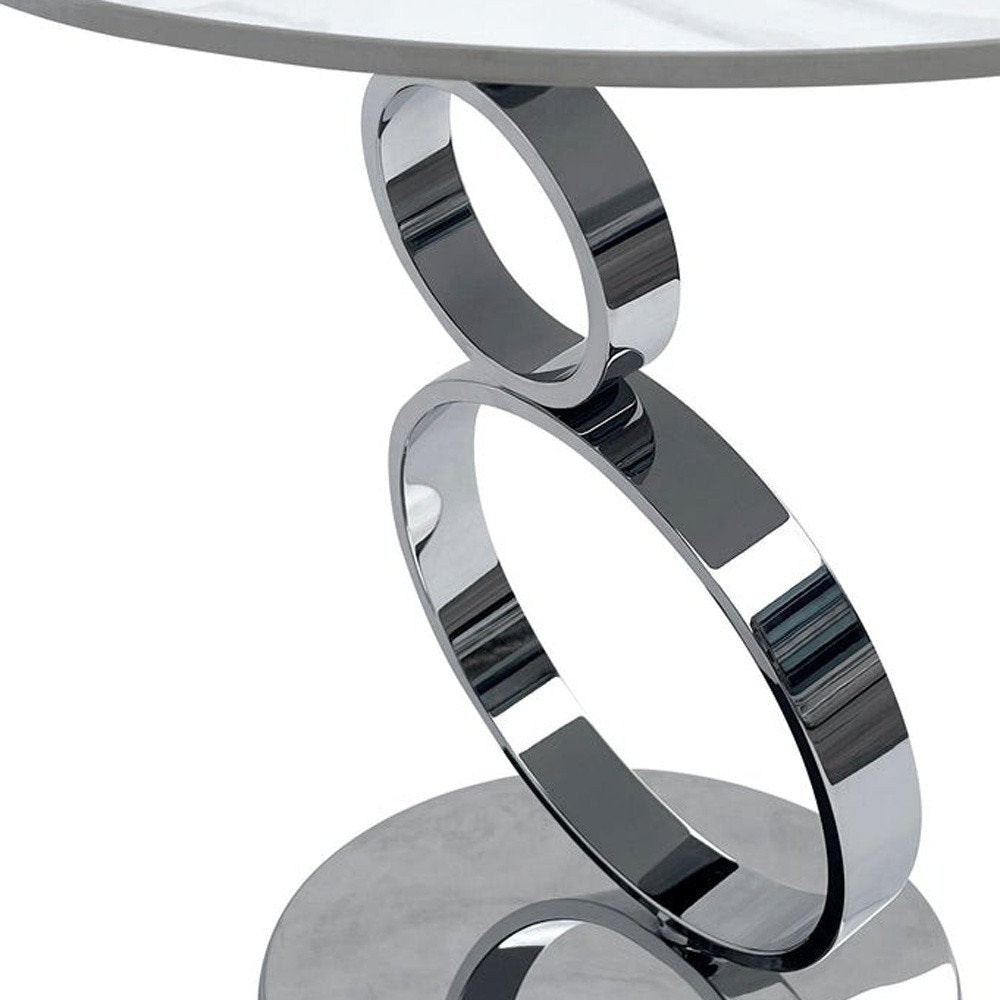 21" White And Silver Stone And Stainless Steel Round Pedestal End Table