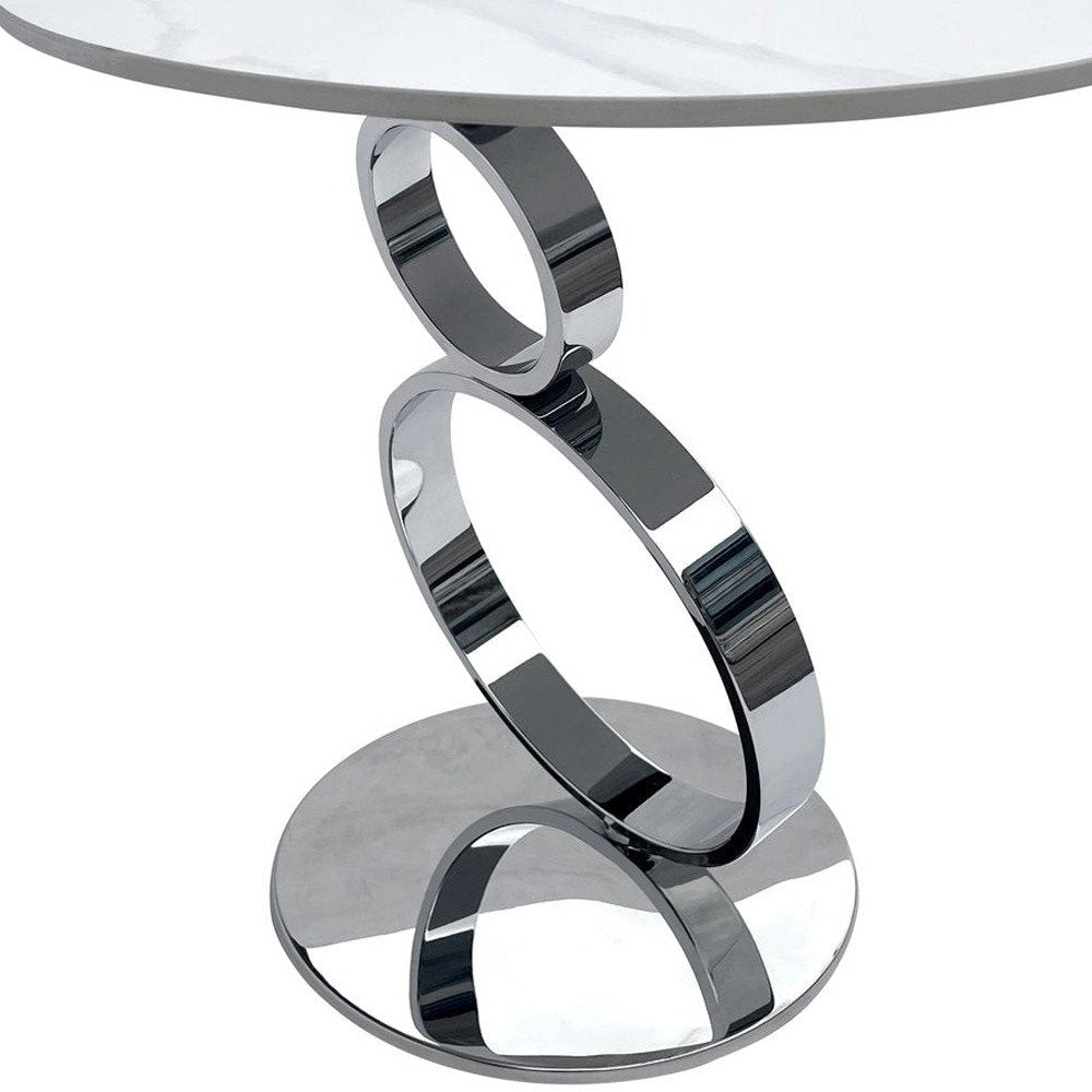 21" White And Silver Stone And Stainless Steel Round Pedestal End Table