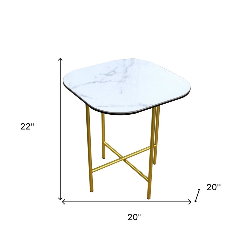 22" White And Gold Ceramic And Metal Square End Table