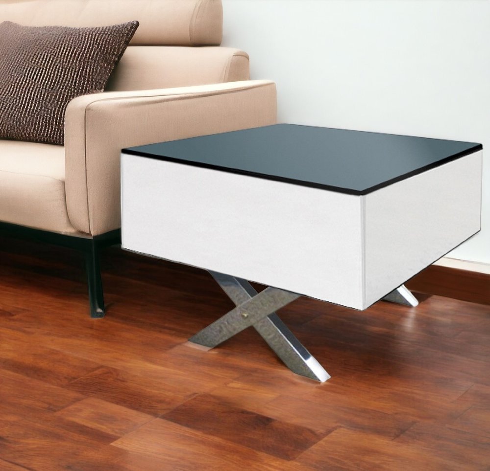 20" Black And White Mirrored Glass Square Cross Legs End Table