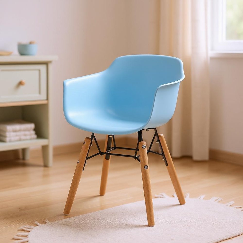 Set Of Four Blue And Brown Heavy Duty Plastic And Wood Juvenile Side Chairs