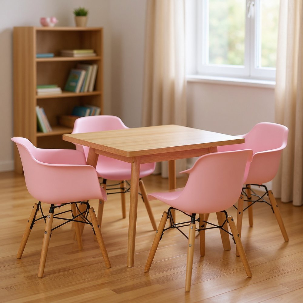 Set Of Four Pink And Brown Heavy Duty Plastic And Wood Juvenile Side Chairs