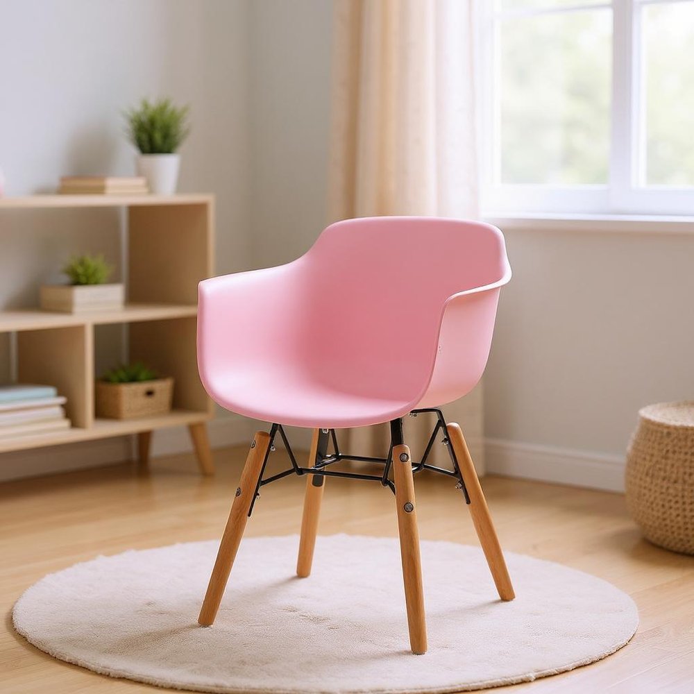 Set Of Four Pink And Brown Heavy Duty Plastic And Wood Juvenile Side Chairs