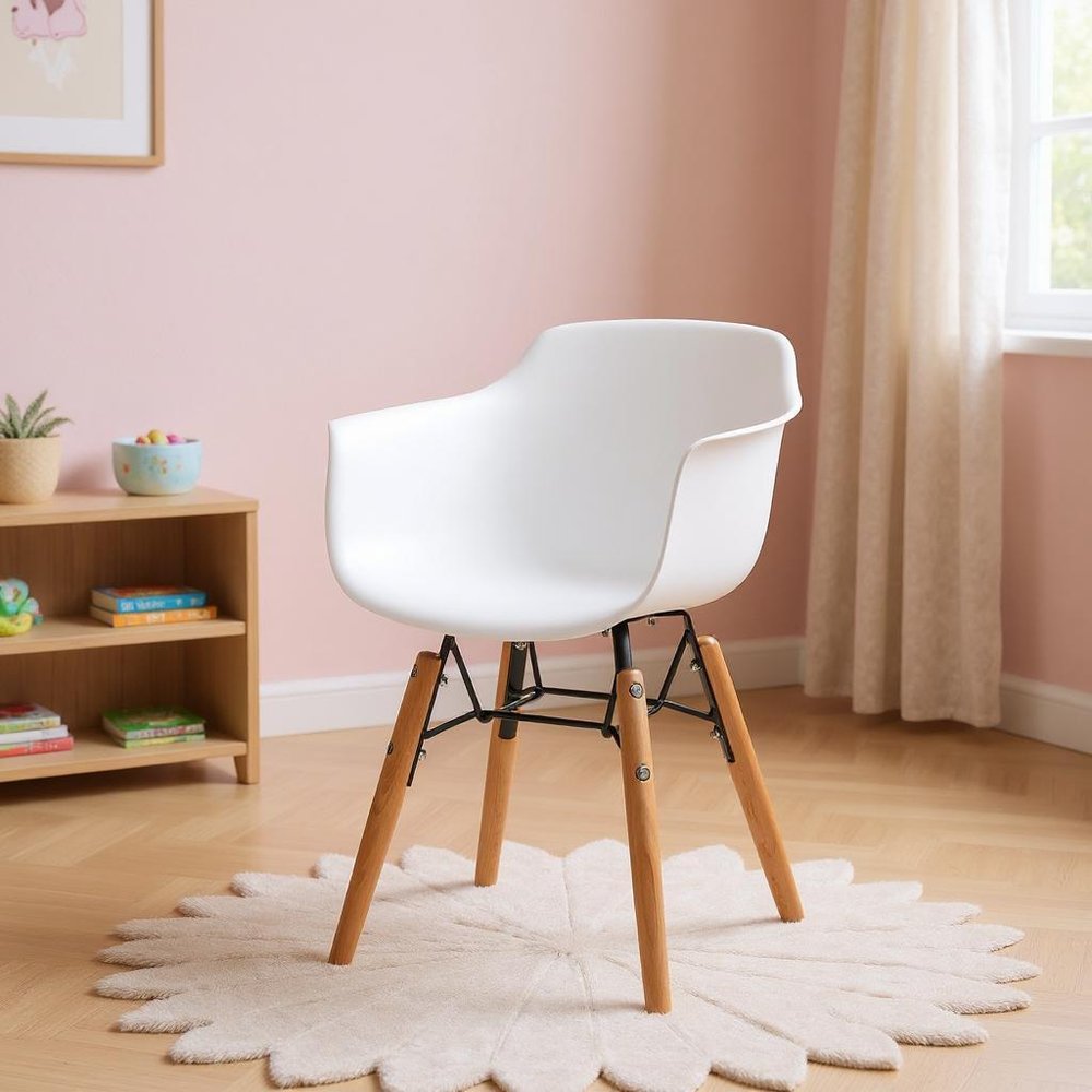 Set Of Four White And Brown Heavy Duty Plastic And Wood Juvenile Side Chairs