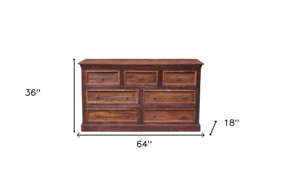 64" Brown Solid Wood Seven Drawer Double Dresser