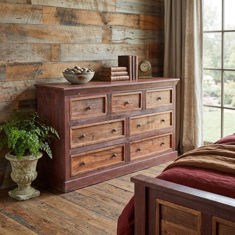 64" Brown Solid Wood Seven Drawer Double Dresser