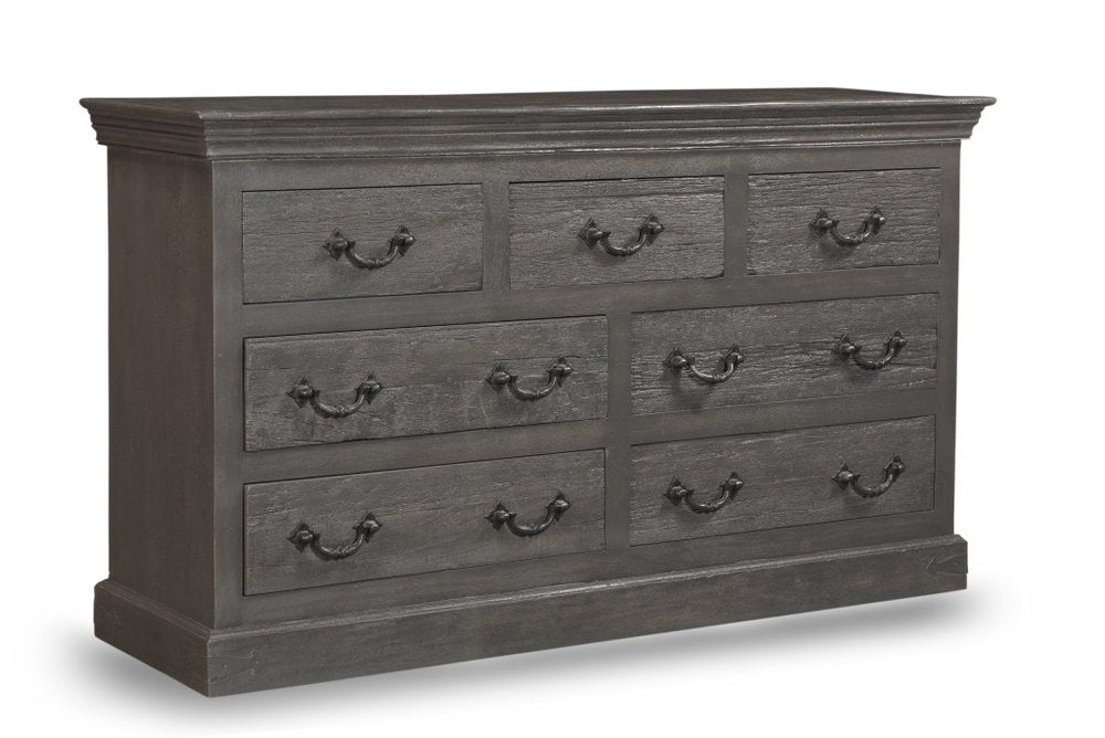 64" Brown Distressed Solid and Reclaimed Wood Seven Drawer Double Dresser