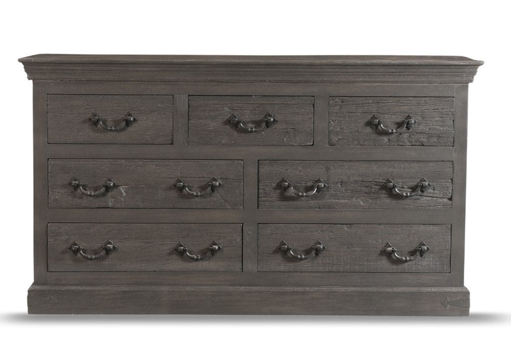 64" Brown Distressed Solid and Reclaimed Wood Seven Drawer Double Dresser
