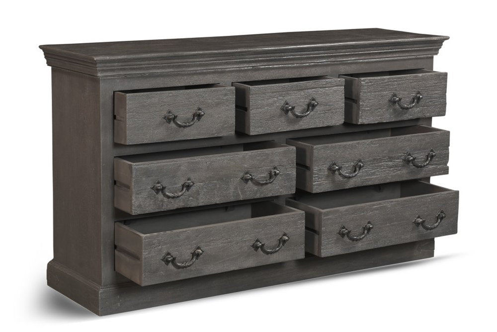 64" Brown Distressed Solid and Reclaimed Wood Seven Drawer Double Dresser