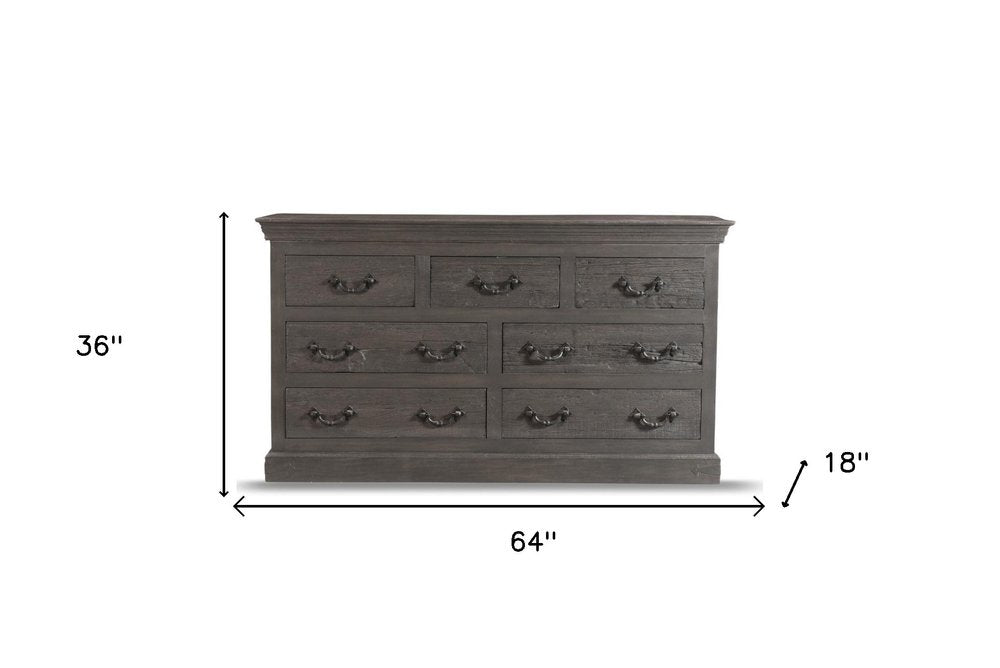 64" Brown Distressed Solid and Reclaimed Wood Seven Drawer Double Dresser