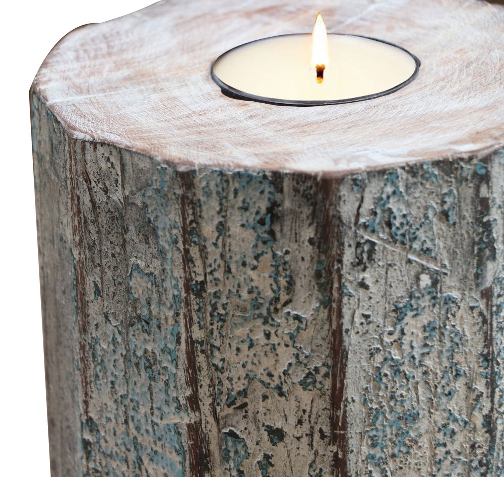 5" Brown And White Solid Wood Tabletop Tealight Candle Holder