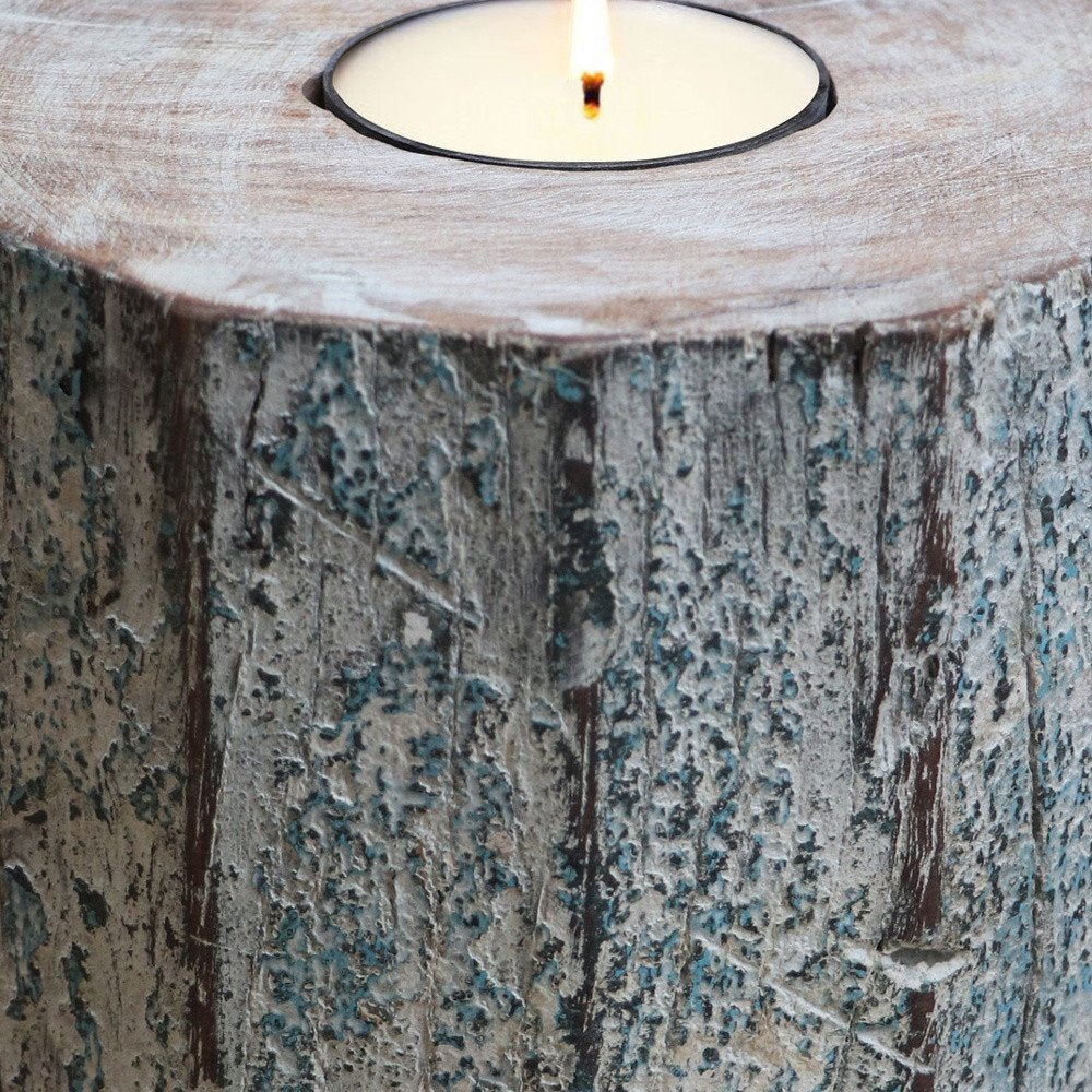 5" Brown And White Solid Wood Tabletop Tealight Candle Holder