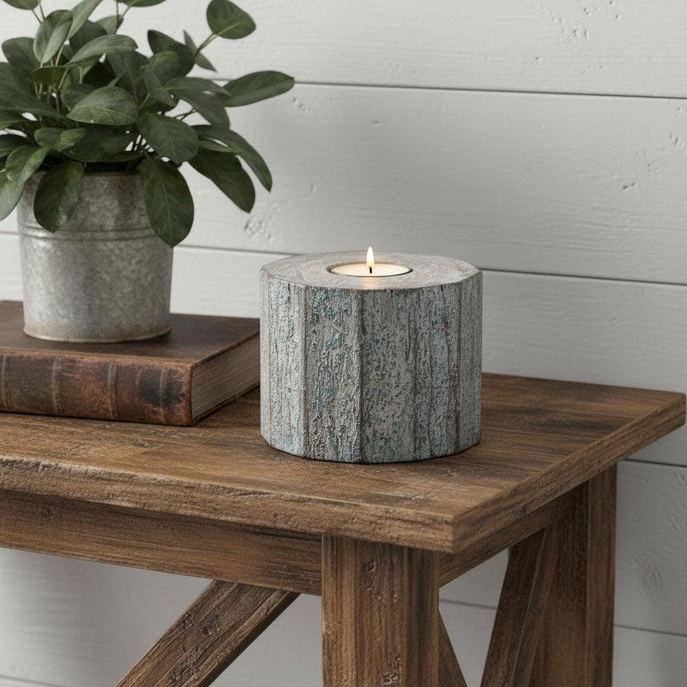 5" Brown And White Solid Wood Tabletop Tealight Candle Holder
