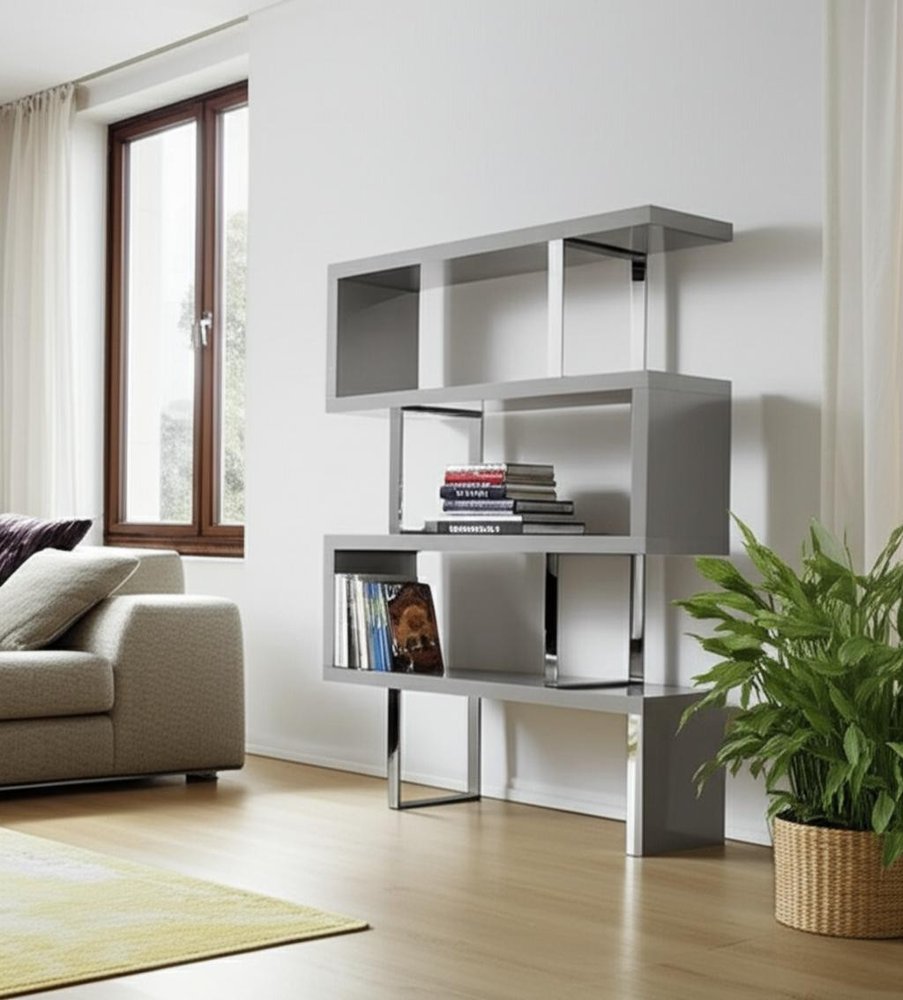 67" Gray And Silver Metal and Wood Three Tier Etagere Bookcase