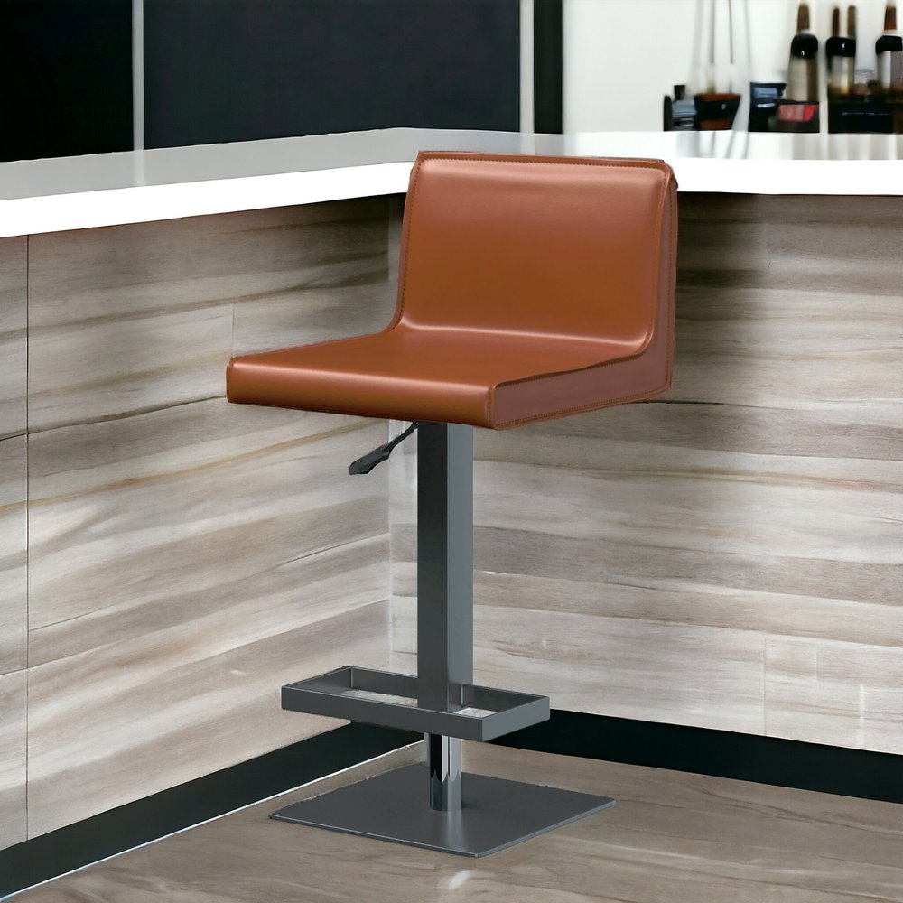 Orange and Black Faux Leather and Metal Low Back Adjustable Height Bar Chair