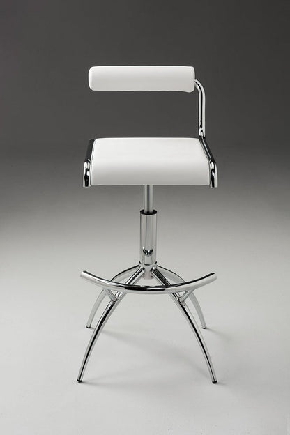 Set of Two White and Silver Metal and Faux Leather Low Back Adjustable Height Bar Chairs