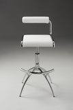 Set of Two White and Silver Metal and Faux Leather Low Back Adjustable Height Bar Chairs