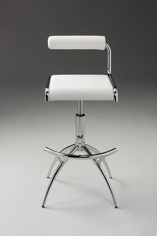 Set of Two White and Silver Metal and Faux Leather Low Back Adjustable Height Bar Chairs