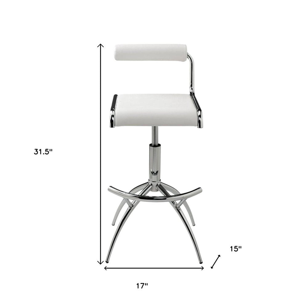 Set of Two White and Silver Metal and Faux Leather Low Back Adjustable Height Bar Chairs
