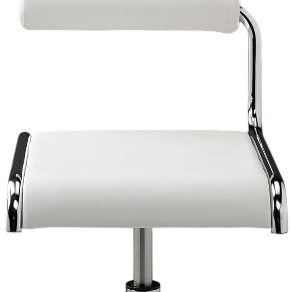 Set of Two White and Silver Metal and Faux Leather Low Back Adjustable Height Bar Chairs