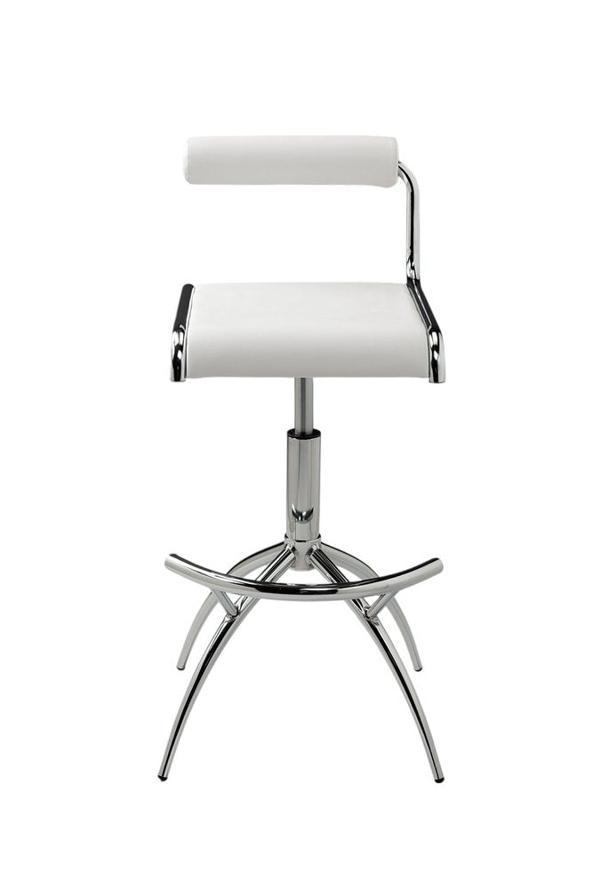 Set of Two White and Silver Metal and Faux Leather Low Back Adjustable Height Bar Chairs