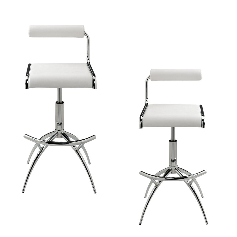 Set of Two White and Silver Metal and Faux Leather Low Back Adjustable Height Bar Chairs