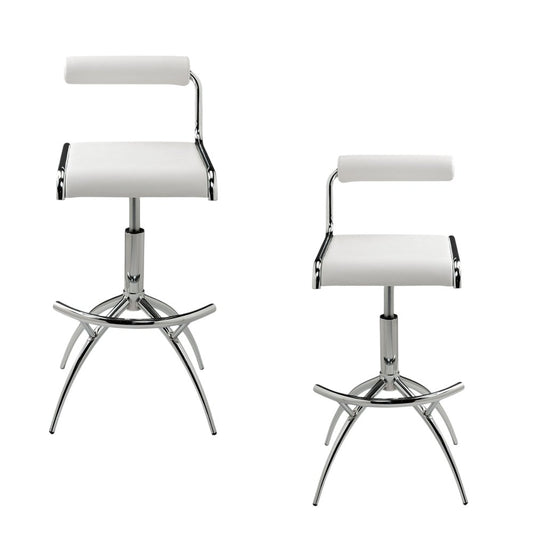Set of Two White and Silver Metal and Faux Leather Low Back Adjustable Height Bar Chairs