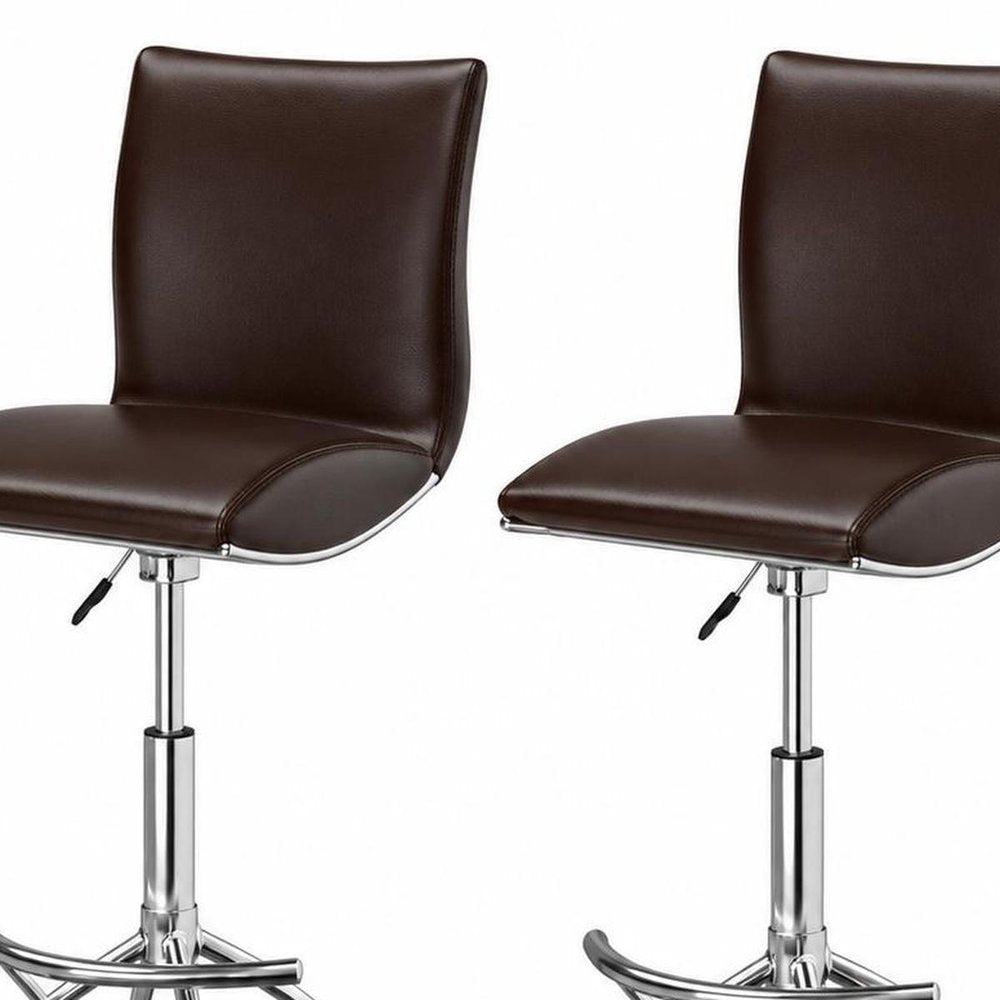 Set of Two Brown and Silver Metal and Faux Leather Low Back Adjustable Height Bar Chairs