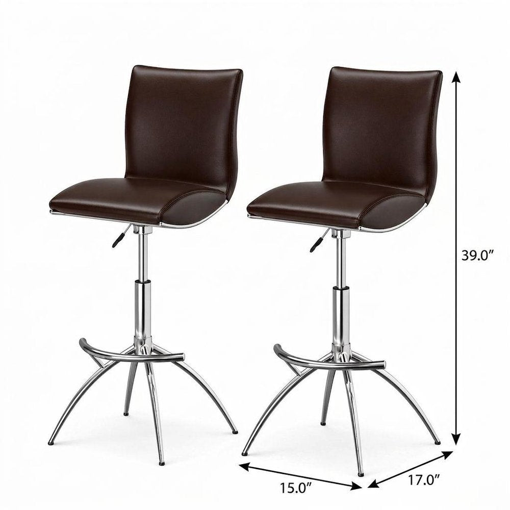 Set of Two Brown and Silver Metal and Faux Leather Low Back Adjustable Height Bar Chairs