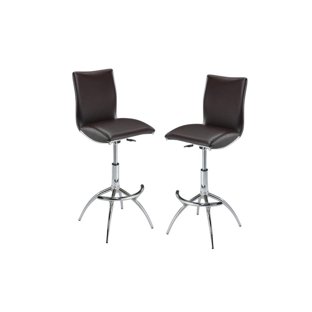 Set of Two Brown and Silver Metal and Faux Leather Low Back Adjustable Height Bar Chairs