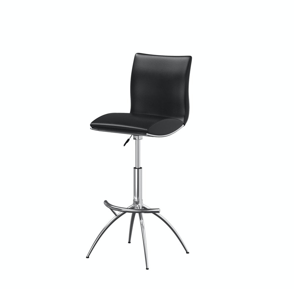 Set of Two Black and Silver Faux Leather and Metal Low Back Adjustable Height Bar Chairs