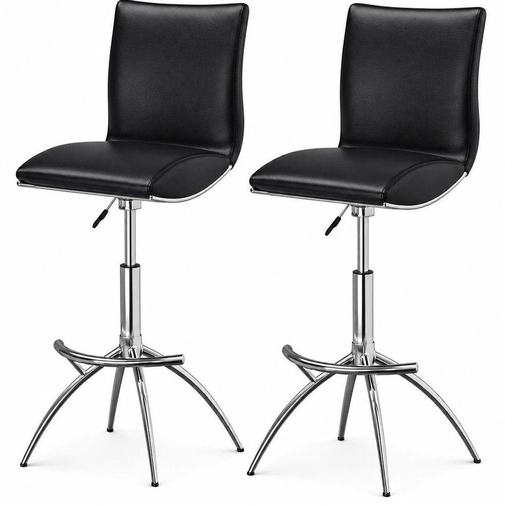 Set of Two Black and Silver Faux Leather and Metal Low Back Adjustable Height Bar Chairs