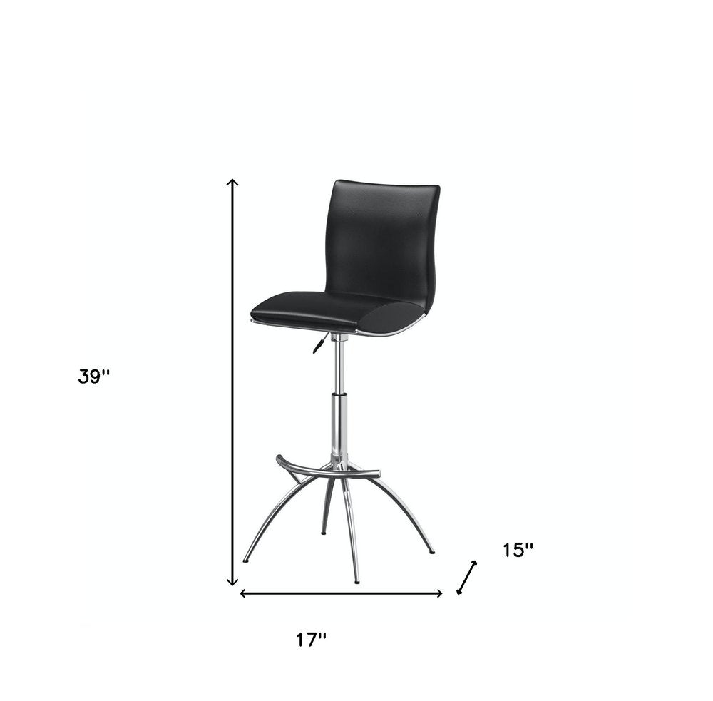 Set of Two Black and Silver Faux Leather and Metal Low Back Adjustable Height Bar Chairs
