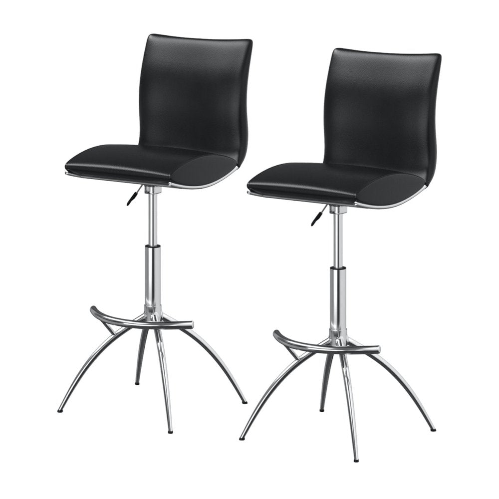 Set of Two Black and Silver Faux Leather and Metal Low Back Adjustable Height Bar Chairs