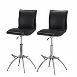 Set of Two Black and Silver Faux Leather and Metal Low Back Adjustable Height Bar Chairs